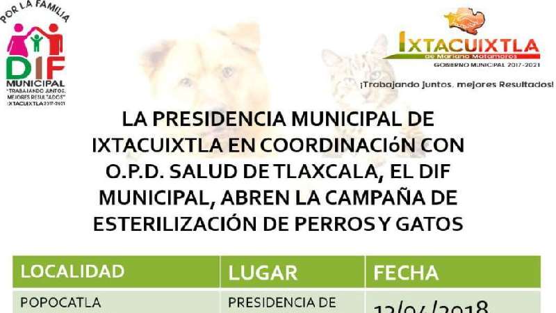 Programan campaña de esterilización en Ixtacuixtla