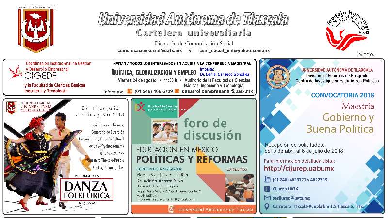 Cartelera UAT correspondiente al miércoles 4 de julio de 2018