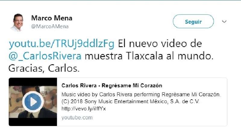 Video de Carlos Rivera muestra Tlaxcala al mundo: Marco Mena
