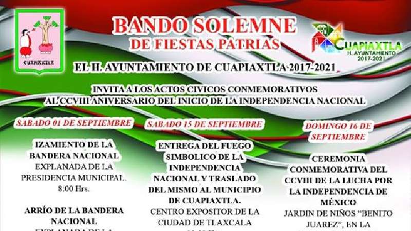Bando Solemne de Fiestas Patrias Cuapiaxtla 2017-2021