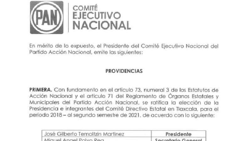 Reconoce y ratifica CEN del PAN cambio en dirigencia tlaxcalteca