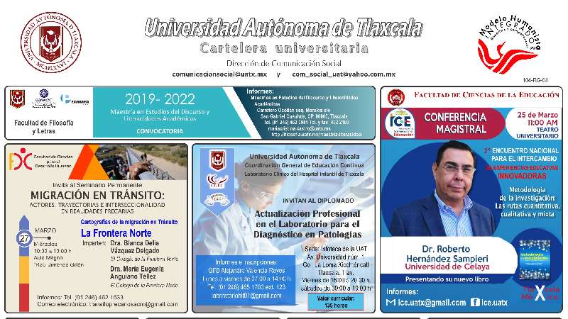 Cartelera UATx correspondiente al lunes 18 de marzo de 2019