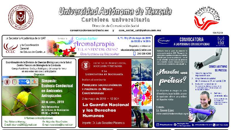 Cartelera UATx correspondiente al lunes 15 de abril de 2019