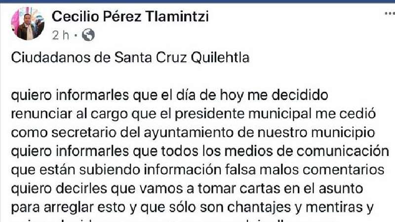 Señalado por acoso, renuncia secretario de Quilehtla 