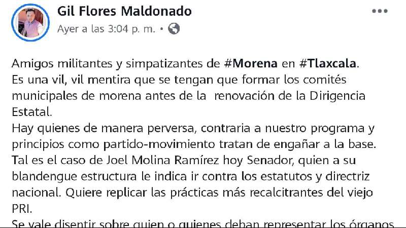 Morena está acéfala, no hay representatividad de Joel Molina