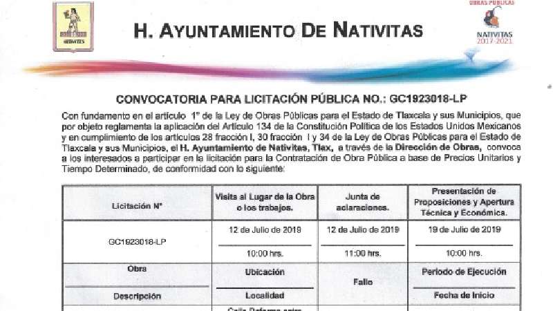 Natívitas lanza convocatoria para licitación de obra 