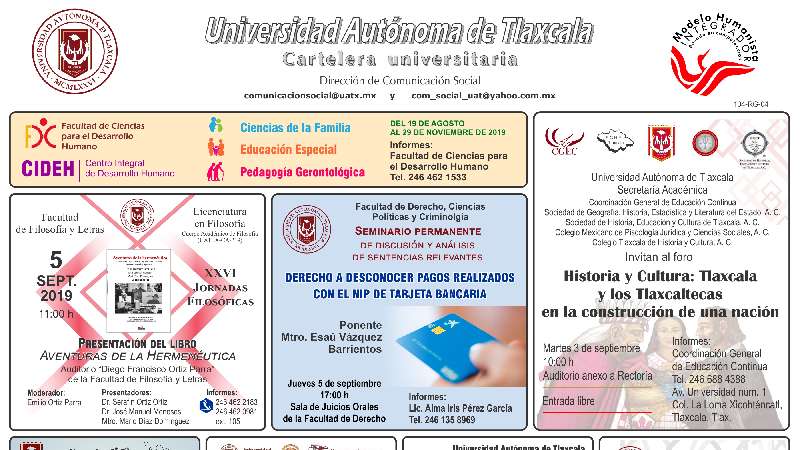 Cartelera UATx correspondiente al martes 3 de septiembre de 2019 