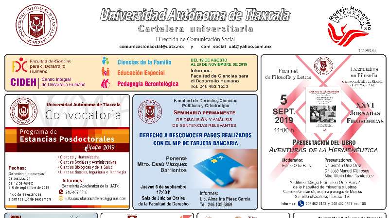 Cartelera UATx correspondiente al miércoles 4 de septiembre 2019