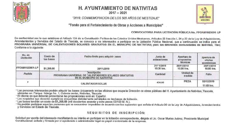 Emiten en Natívitas licitación para calentadores