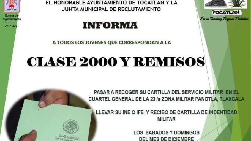 Informa municipio de Tocatlán sobre cartilla militar