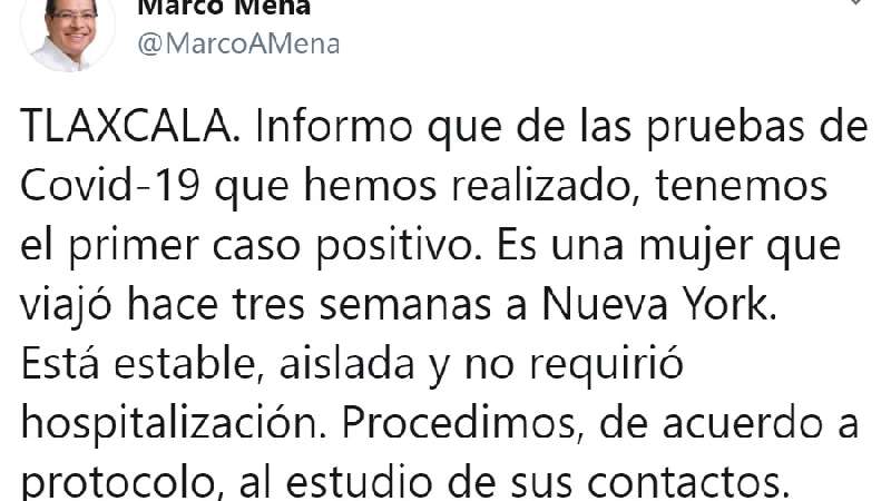 Confirma SESA primer caso de COVID-19 en Tlaxcala