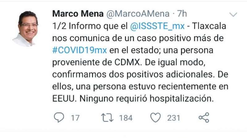 Suman 8 casos de Covid-19 en Tlaxcala, gobernador confirma 3 más 