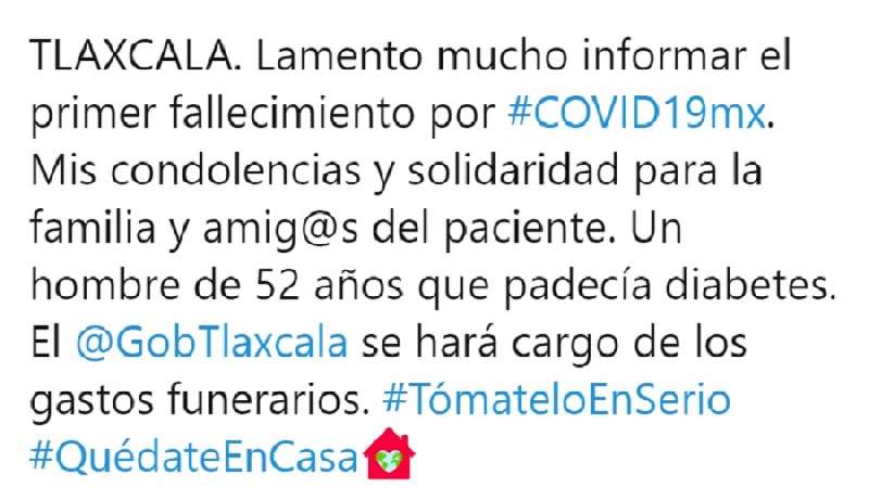 Tlaxcala registra primer fallecimiento por Covid-19