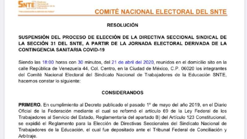 Por contingencia, suspende SNTE, otra vez, elección de sección 31