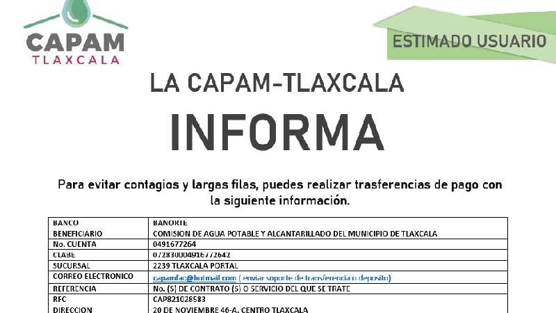En el municipio de Tlaxcala ya puedes pagar tu servicio de agua vía transferencia electrónica
