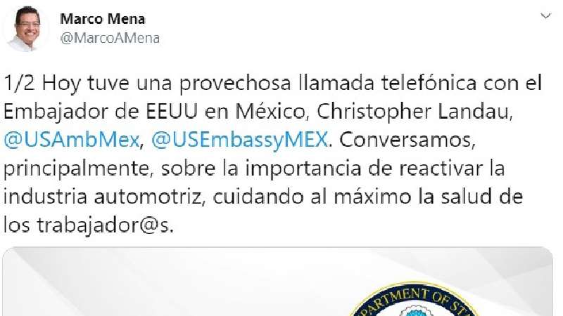 Marco Mena y embajador de Estados Unidos dialogan sobre importancia de...