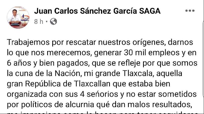 Tlaxcala no debe estar sometida por políticos de alcurnia, dan malos resultados y saben engañarnos: SAGA