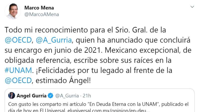 Reconoce Marco Mena labor de José A. Gurría al frente de la OCDE