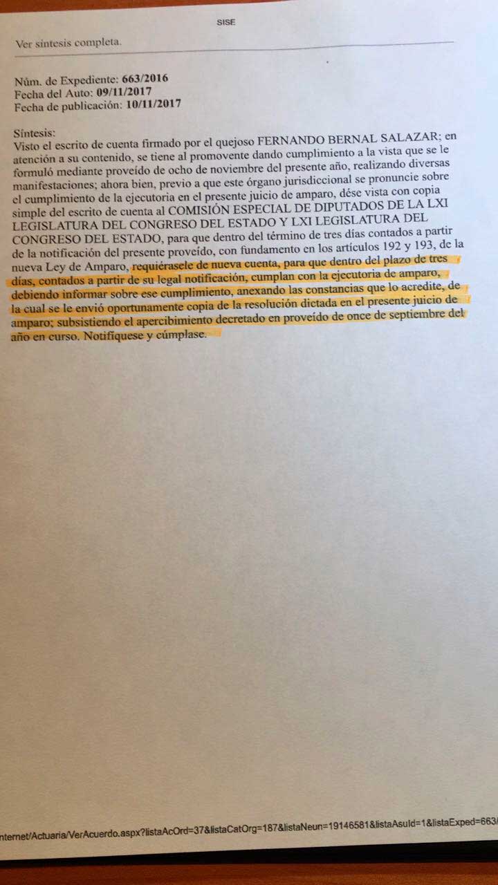 Tiene Congreso 3 días para desahogar tema de Bernal
